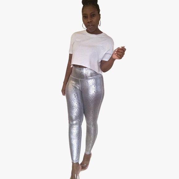 (NWT) Snake Print High Waist Leggings - Metallic Silver - Picture 1 of 6